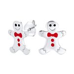 Small Fun Holiday Cartoon Christmas Winter Enamel Bow Tie Gingerbread man Stud Earrings For Women Teens .925 Sterling Silver