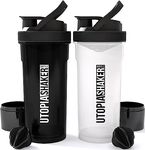 Utopia Home Shaker Bottle 2 Pack - 24 Ounce Plastic Protein Shaker Bottle for Pre & Post workout with Twist & Lock Protein Box Storage (All Black & Clear/Black)