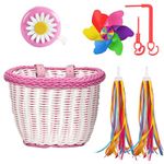 Kids Bike Basket Set Handwoven Cycle Basket with Straps, Bike Windmill, Bicycle Tassels and Cycling Bell, Bicycle Basket Bike Accessories for Boys Girls Bicycle Scooter Balance Bike (Pink White)