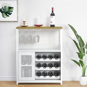 GarveeHome Wine Cabinet with Large Storage Space and Detachable Rack, Industrial Sideboard and Buffet Cabinet with Glass Holder and Mesh Door, White
