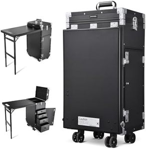 BYOOTIQUE Rolling Manicure Table Foldable Nail Table Makeup Train Case with Desk Cosmetic Trolley Travel Storage Organizer with 4 Drawers Mirror & Speaker for Technician Workstation Salon, Black