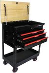 pouseayar 38" Steel Tool Trolley, 3 Drawers Multifunctional Tool Cart with Wheels and Wooden Top, Tool Storage Cart with Lock for Garage, Warehouse, Repair Shop, Workshop - Red