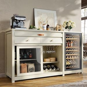 STO'SENSE Extra Large Coffee Bar Cabinet w/Fridge Space&Power Outlet,Lux MiniFridge Cabinet w/2Drawers,Wine Rack,Leather Handle,Adj.Shelves,Bar Tray,Glass Holder&Sliding Door,Buffet Sideboard,White