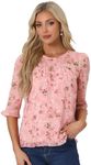 Allegra K Women's Ruffle 3/4 Sleeve Floral Print Chiffon Blouse Pink White Small