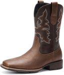 Suokdil Brown Cowboy Boots for Men - Western Colour-Blocked Footwear, Embroidered Square Toe Ankle Design, Durable Retro Classic Short Boots for Work, Daily Use, and Concerts, US 9
