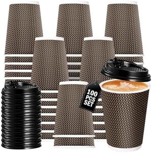 Vivva 100 Pack 12 oz Ripple Wall Paper Cups, Disposable Coffee Cups with Lids, to Go Paper Coffee Cups for Hot/Cold Beverages, Tea, Hot Chocolate, Juice. Ideal for Home, Restaurant, Store and Cafe