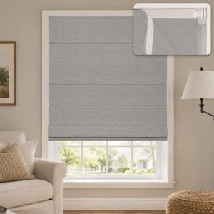 Hestia No Drill Roman Shades for Indoor Windows, 100% Blackout Cordless Roman Blinds, Faux Linen Fabric Room Darkening Window Shades with Tension Rod, Inside Mount, Grey, 37.5" W x 64" H