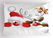 Ambesonne Christmas Pillow Sham, Funny Christmas Santa Claus and Reindeer Peeking Cartoon Style Humor, Decorative Standard King Size Printed Pillowcase, 36" X 20", Vermilion Caramel White