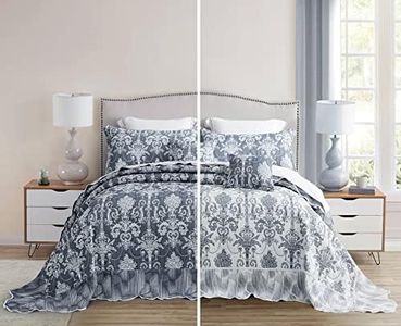 Blythease Oversized King Bedspread 128x120 Extra Wide, Jacquard Matelasse Damask Pattern Design, Lightweight, Reversible, 5 Piece, 100% Microfiber, Blue