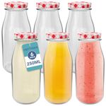 HEFTMAN Glass Milk Bottles with Lids - Empty 250ml Set of 6 Airtight Mini Milk Bottles with Red Gingham Lids for Beverages, Liquids & Décor - Retro Glass Juice Bottles for Weddings, BBQ's & Picnics