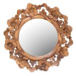 NOVICA Floral Glass Wood Wall Mounted Mirror, Brown 'Jepun Reflection'