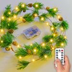 URBANSTREAM Pinecone Christmas Lights Battery Powered - 60 LED Warm Lights - Length 183 cm - Prelit Pine Garland with Mini Light Bulbs for Fireplace, Home, Staircase, Table Decoration Warm Lights