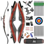 62" Takedown Recurve Bow Kit Traditional Wooden Bow Adults Youth 20-50Lbs for Right-Hand Hunting Practice Target Shooting