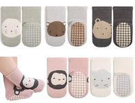 Exemaba Baby Anti Slip Socks 5 Pairs Toddler Cute Animal Crew Slipper Socks for Boys Girls(Pink Monkey,M/1-3Y)