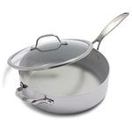 GreenPan Venice Pro Tri-Ply Stainless Steel Healthy Ceramic Nonstick 5QT Saute Pan Jumbo Cooker with Helper Handle and Lid, PFAS-Free, Multi Clad, Induction, Dishwasher Safe, Oven Safe, Silver