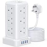 Tower Extension Lead 3M, (13A)4 USB Ports & 12 Way Plug Extension Tower, Surge Protector Long Extension Lead towe with Widely Spaced Outlets for Home