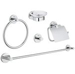 GROHE Essentials - Bathroom Accessory 5 Piece Set (Towel Ring, Towel Rail, 60 cm, Robe Hook, Toilet Paper Holder with Cover, Soap Dish with Holder), Material: Glass and Metal, Chrome, 40344001