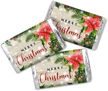 Watercolor Red Poinsettia Christmas Miniature Chocolate Candy Bar Sticker Wrappers, 45 Wrap Around Labels Sized 1.4" x 2.6" by AmandaCreation, Great for Holiday Party Favors & Goodie Bags