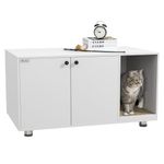 PawHut Cat Litter Box Enclosure, Industrial Hidden Cat Washroom Furniture, End Table with Double Doors and Scratching Pad for Living Room, Bedroom, Hallway, White