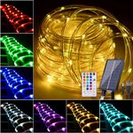 Nazuwke 49FT Solar Rope Lights Outdoor Waterproof, 18 Colors Changing 150 LEDs Fairy String Lights USB & Solar Powered with Remote, Multicolor Tube Light for Outside Trampoline Yard Christmas Decor