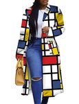 Women's Colored Geo Turn Down Collar Trench Coat Colorful Outerwear Cardigan Long Blazer Jacket, Multicolor, XL