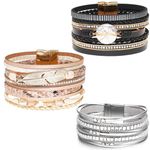 Rumnoke 3Pcs Leather Wrap Bracelet Set Multilayer Wrist Cuff Bracelets with Magnetic Clasp for Women Three Color