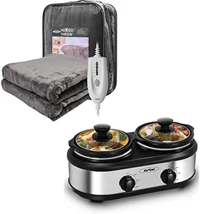 Sunvivi Dual Pot Slow Cooker & Electric Blanket Throw 50" x 60", Double-Layer Flannel with 4 Heating Settings, 4 Hours Auto Off, 5 Years Warranty