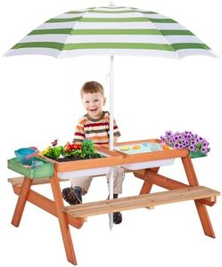 BRINJOY Kids Picnic Table, Outdoor Wooden Table w/Adjustable Umbrella & Garden Bed， 4-in-1 Sand & Water Activity Table w/Built-in Bench & Removable Boxes, Toddlers Convertible Table, Patio, Backyard