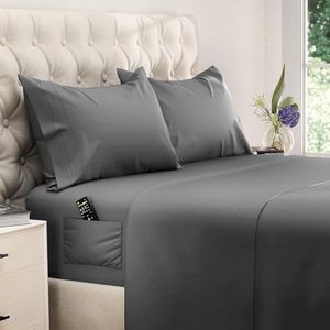 DREAMCARE King Size Sheets Set – 4 pcs Cooling Sheets – up to 21” Deep Pocket King Sheet Set – Hotel Luxury Sheets & Pillowcases – Superior Softness 100% Fine Microfiber with Side Pocket – Dark Gray