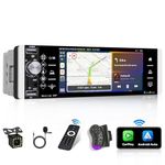 Hikity Single Din Car Stereo Wireless Carplay Android Auto, Car Radio Single Din with 5.1 Inch Touchscreen, Bluetooth, FM, Dual USB, EQ, Mirror Link +Backup Camera+Remote Control+Mic