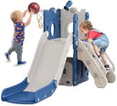 BIERUM 7 in 1 Toddler Slide, L-Shaped Kids Slide for Toddlers Age 1-3 with Basketball Hoop and Ball, Ring Toss, Storage Space, Outdoor and Indoor Slide Playset Toddler Playground Blue Gray