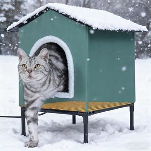 Heated Cat Houses for Outdoor Cats in Winter, Heated cat House for Indoor and Kitty Shelter for Your Pet to Stay Warm and Cozy, Easy Assemble (Green, S - 20x15x13 in)