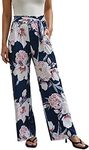 ECOWISH Wide Leg Pants for Women Summer 2024 Palazzo Flare Beach Floral Flowy Lightweight Trousers 185 Navy Small