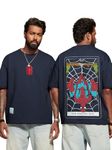 The Souled Store Official Tarot: Spider-Man Short Sleeve Round Neck Navy Blue Graphic Printed Cotton Oversized T-Shirts for Men & Boys- Authentic Marvel Design