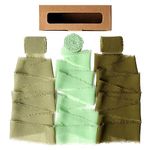 WOVTE 3 Rolls Handmade Fringe Chiffon Silk Ribbon, 1.5" X 5.5 Yd Ribbons Set for Wedding Invitations, Bridal Bouquets, Gifts Wrapping, DIY Crafts (Dark&Light Green)