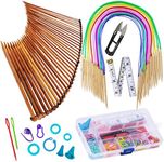 Bamboo Knitting Needles Set, Exquiss 18 Pairs Circular(31.5”) Wooden Knitting Needles with Colored Plastic Tube, 36PCS Single Pointed Bamboo Knitting Needles(9.5”), Include Knitting Tools for Weaving