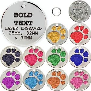Personalised Engraved 25, 32 & 36mm Glitter Paw Print Pet Tag. Bold Contrasting Text. Small, Large & Very Large CAT/Dog ID Tags (Red, 25mm (Cats & Small Dogs))