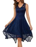 Meetjen Mother of Bride Dresses for Wedding Lace Handkerchief Bridesmaid Dress V Neck Midi Formal Cocktail Dress Navy S