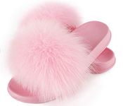 HIPRETTYUS Women's Real Fox Fur Slides, Open Toe Cute Fur Slippers, Indoor or Outdoor Comfortable Furry Slide Sandals With Fluffy Fur, Pink, 9-9.5