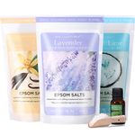 Spa Luxetique Bath Salts for Women, 3 x 454g(16oz) Bath Salts Set, Epsom Salts for Soaking with Tea Tree Oil and Wooden Spoon, Lavender, Vanilla, Coconut Lime Nourishing, Daily Use, Bathing, Spa, Gifts for Birthday, Christmas