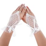 Yolev Lace Fingerless Gloves Women White Bow Rhinestone Short Lace Gloves Tea Party 80s Mesh Sheer Gloves for Wedding Bridal Communion Elegant Banquet Halloween Prom Cosplay Funeral Masquerade Gloves