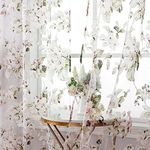 BROSHAN Floral Print Sheer Room Curtains, Pretty Pink Flower Curtain Sheers Sage Green Leaves Pattern Bedroom Curtain Set of 2 Botanical Voile Tulle Window Curtain Panels Rod Pocket