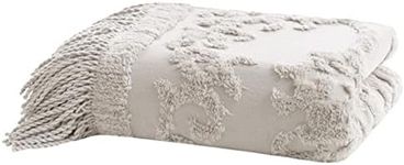 Madison Park 100% Cotton Tufted Chenille Design with Fringe Tassel Luxury Elegant Chic Lightweight, Breathable Cover, Luxe Cottage Room Décor Summer Blanket, 50" x 60", Grey