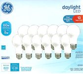 GE Daylight LED Light Bulbs, 8 Watt (60 Watt Equivalent) Cool Energizing Light, Standard Bulb Shape, Medium Base, Dimmable (12 Pack)