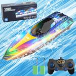 OBEST Remote Control Boat 2.4GHz RC Boat 20KM/H High Speed RC Racing Boat with LED Lights 2 Batteries Long Endurance, Swimming Pools/Lakes/Ponds Toys Gifts for Adults and Kids