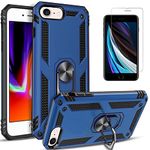 STARSHOP iPhone 8 Case, iPhone 7 Case, with [Tempered Glass Screen Protector Included], Military Grade Shockproof Dual Layers Protective Phone Cover with Metal Ring Kickstand, for iPhone 7/8 -Navy
