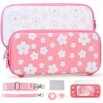 Tscope Cute Carrying Case for Nintendo Switch Lite, Pink Sakura Portable Hard Shell Girls Travel Storage Bag, with Glass Screen Protector & Thumb Grip Caps (Switch Lite Pink)