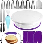 RFAQK 35PCs Cake Turntable and Leveler-Rotating Cake Stand with Non Slip pad-7 Icing Tips and 20 Bags- Straight & Offset Spatula-3 Scraper Set -EBook-Cake Decorating Supplies Kit -Baking Tools