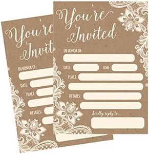 50 Fill In Invitations, Burlap and Lace, Kraft, Wedding Invitations, Bridal Shower Invitations, Rehearsal Dinner, Dinner Invites, Baby Shower Invite, Bachelorette Party Invites, Engagement, Graduation