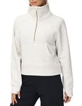 THE GYM PEOPLE Womens' Half Zip Pullover Fleece Stand Collar Crop Sweatshirt with Pockets Thumb Hole Off White